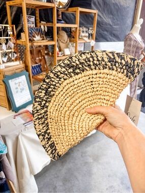 Sseko Woven raffia crescent clutch in Natural and Black